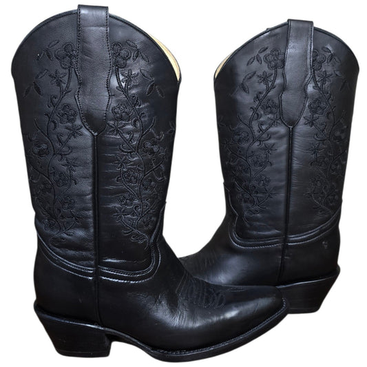 Cowboy Boots (0178) - 14" Black Leather w/ Floral Stitching & Round Toe (Style A)