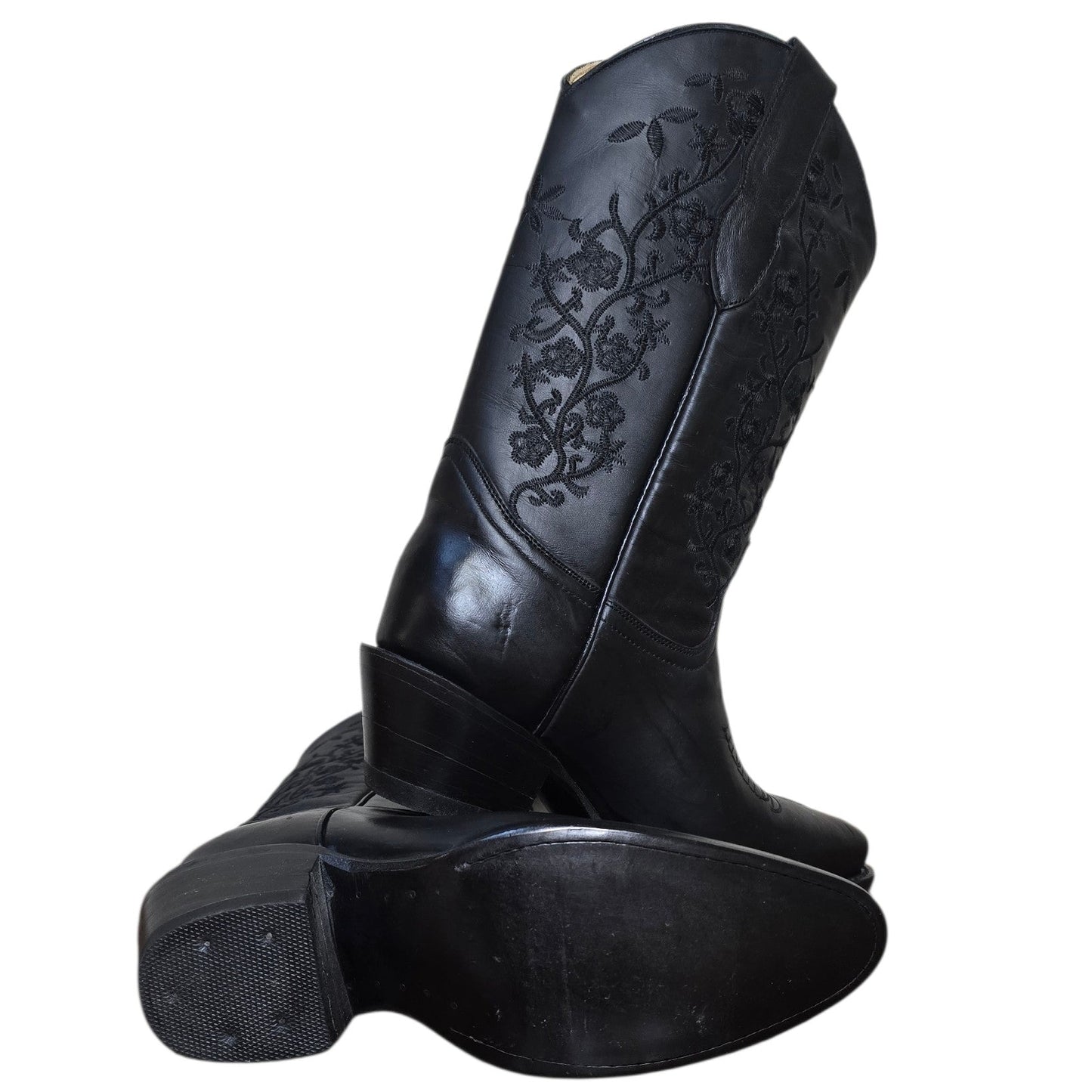 Cowboy Boots (0178) - 14" Black Leather w/ Floral Stitching & Round Toe (Style A)