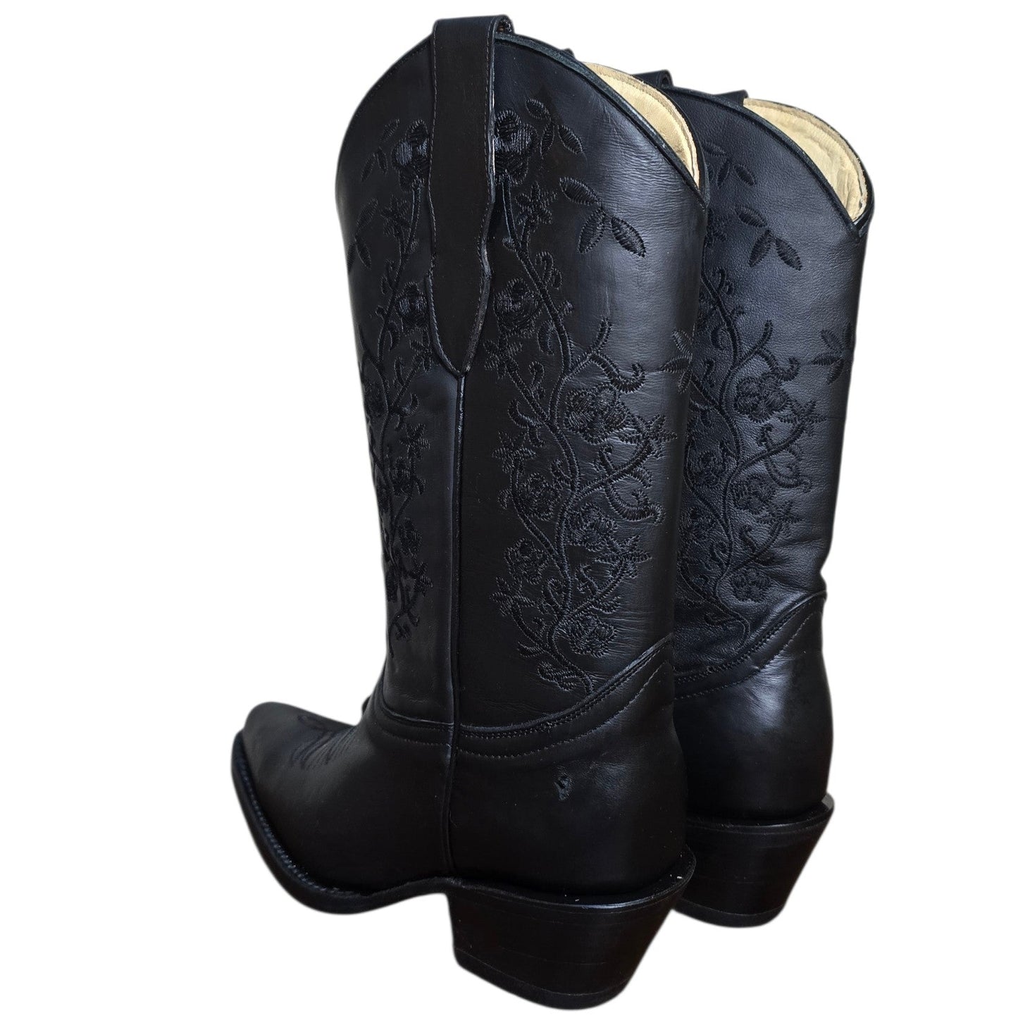 Cowboy Boots (0178) - 14" Black Leather w/ Floral Stitching & Round Toe (Style A)