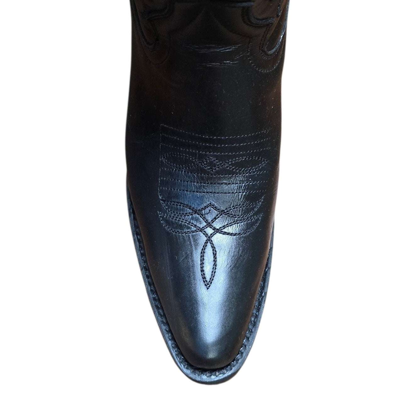 Cowboy Boots (0178) - 14" Black Leather w/ Floral Stitching & Round Toe (Style A)