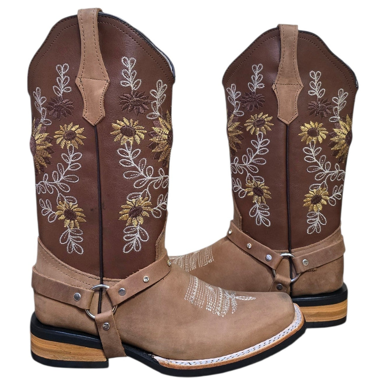 Cowboy Boots (0180) - 13" Light Brown Leather w/ Sunflower Stitching & Rodeo Toe