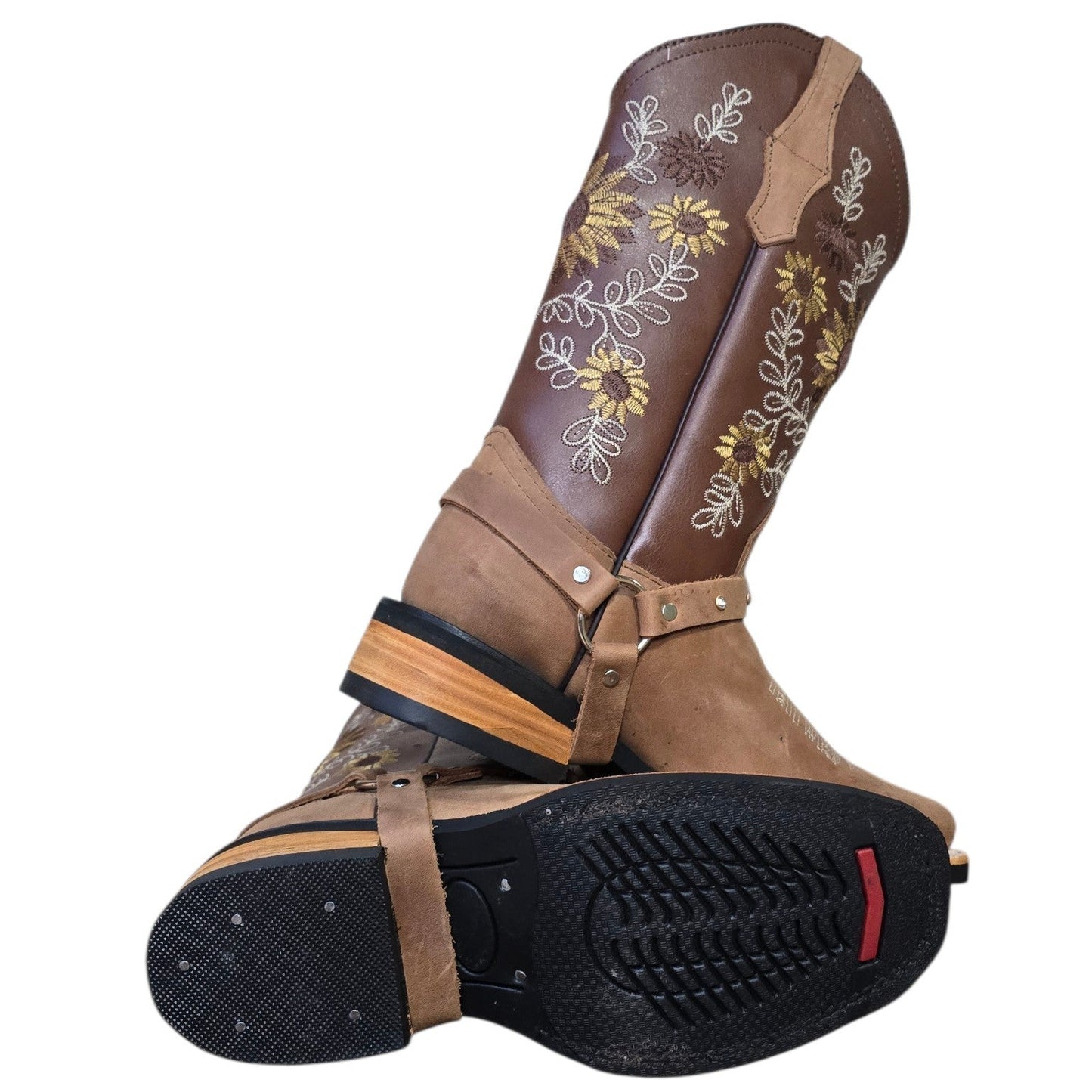 Cowboy Boots (0180) - 13" Light Brown Leather w/ Sunflower Stitching & Rodeo Toe