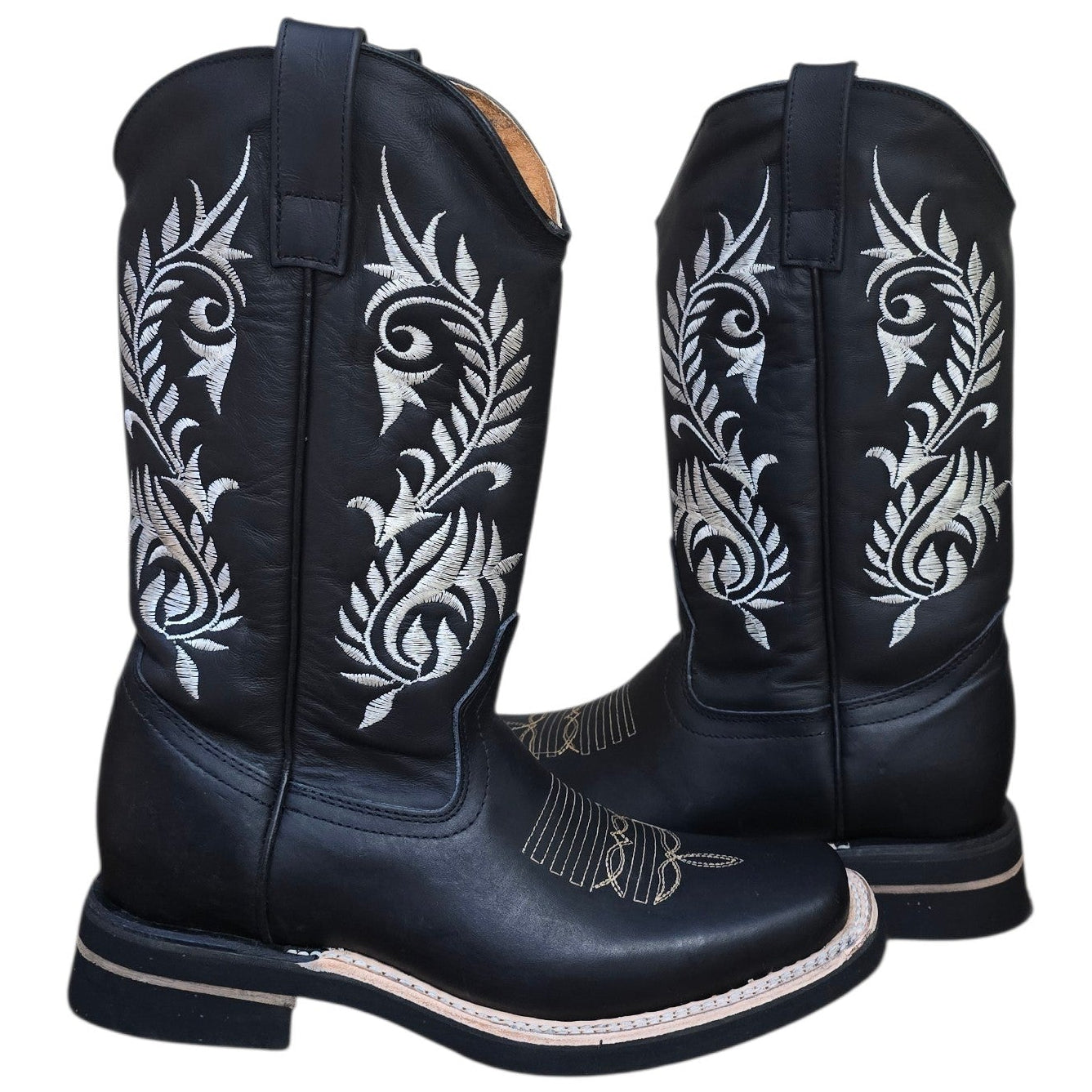 Cowboy Boots (0181) - 14" Black Leather w/ White Botanical Stitching & Rodeo Toe