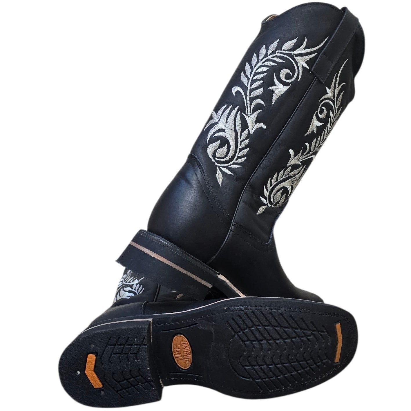 Cowboy Boots (0181) - 14" Black Leather w/ White Botanical Stitching & Rodeo Toe