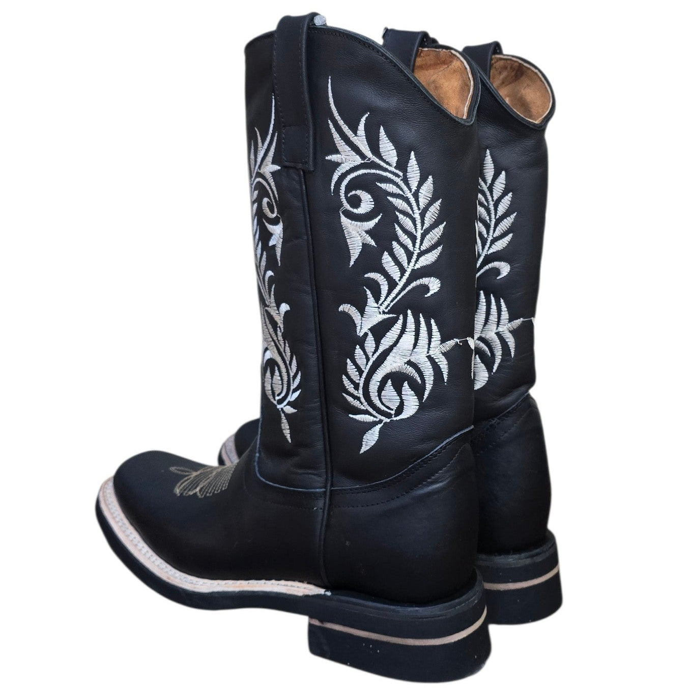 Cowboy Boots (0181) - 14" Black Leather w/ White Botanical Stitching & Rodeo Toe