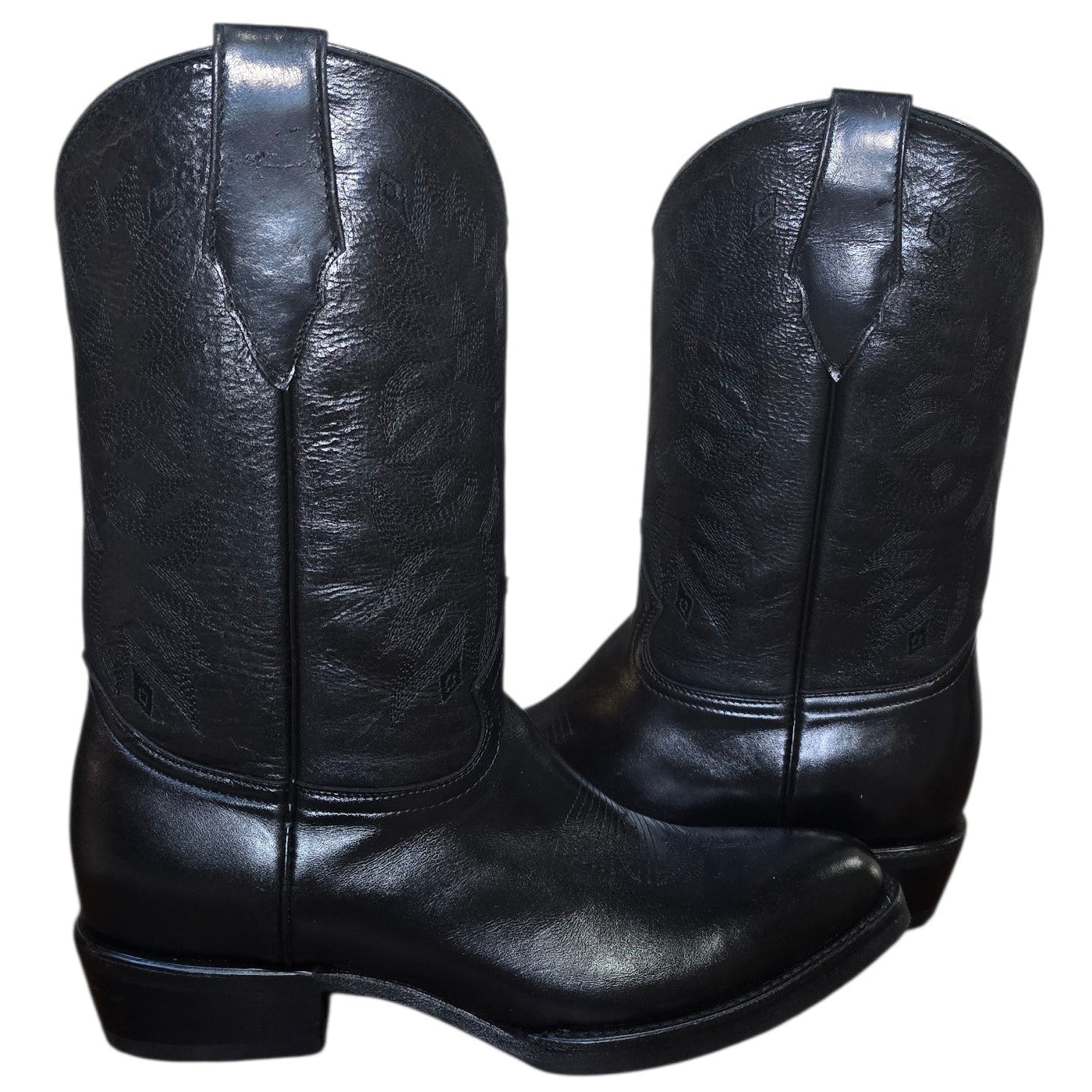 Cowboy Boots (0182) - 14" Black Leather w/ Black Western Stitching & Round Toe