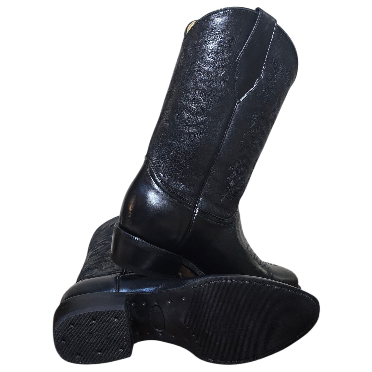 Cowboy Boots (0182) - 14" Black Leather w/ Black Western Stitching & Round Toe