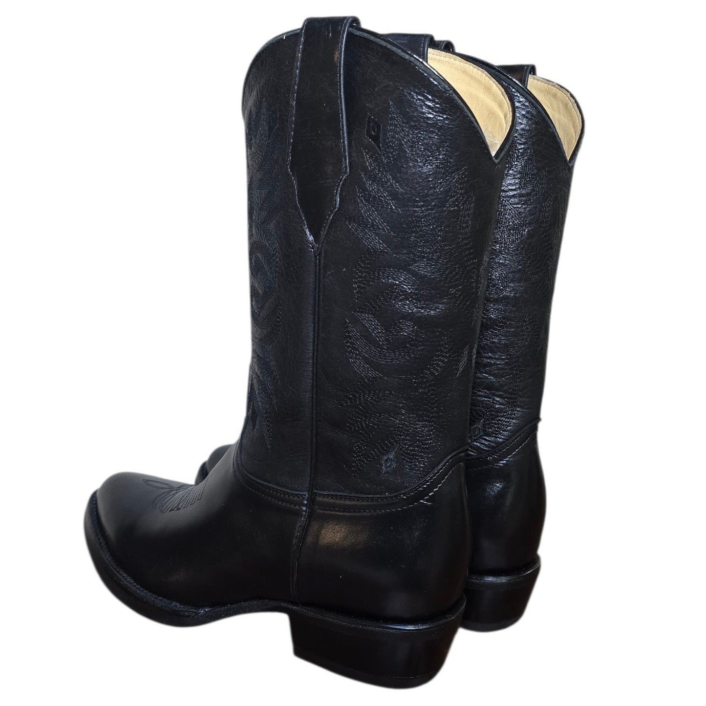 Cowboy Boots (0182) - 14" Black Leather w/ Black Western Stitching & Round Toe