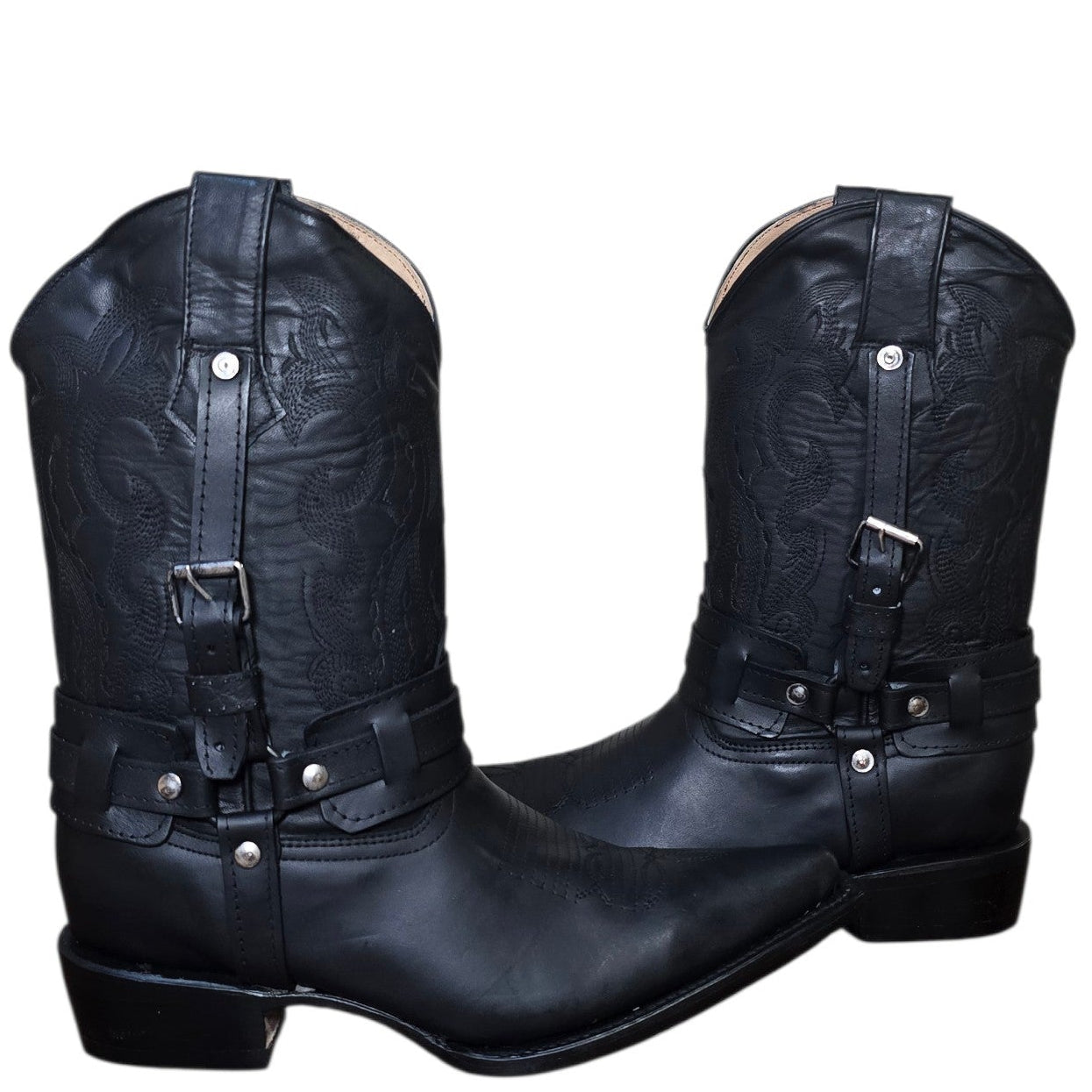 Cowboy Boots (0183) - 13" Black Leather w/ Buckle & Pointed Toe
