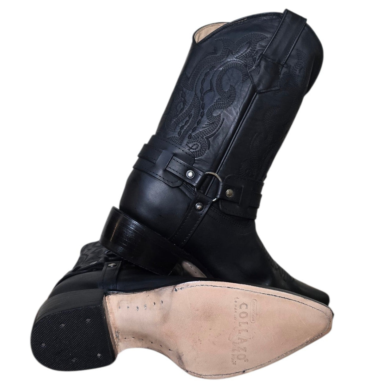 Cowboy Boots (0183) - 13" Black Leather w/ Buckle & Pointed Toe