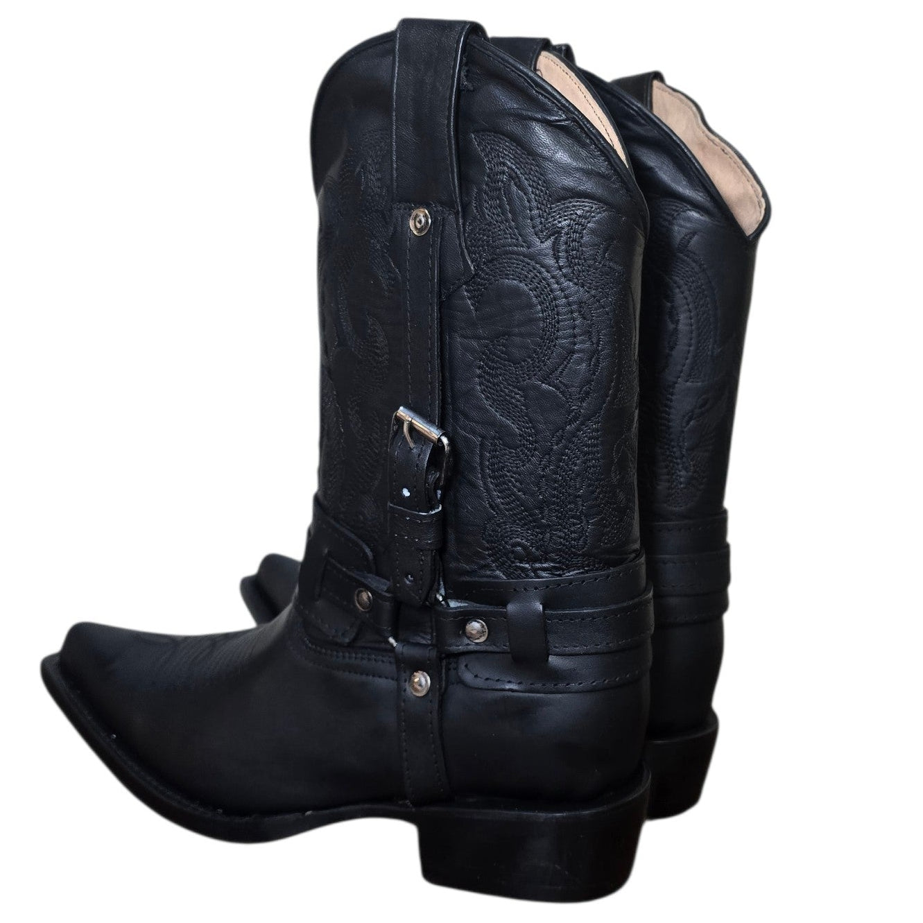 Cowboy Boots (0183) - 13" Black Leather w/ Buckle & Pointed Toe