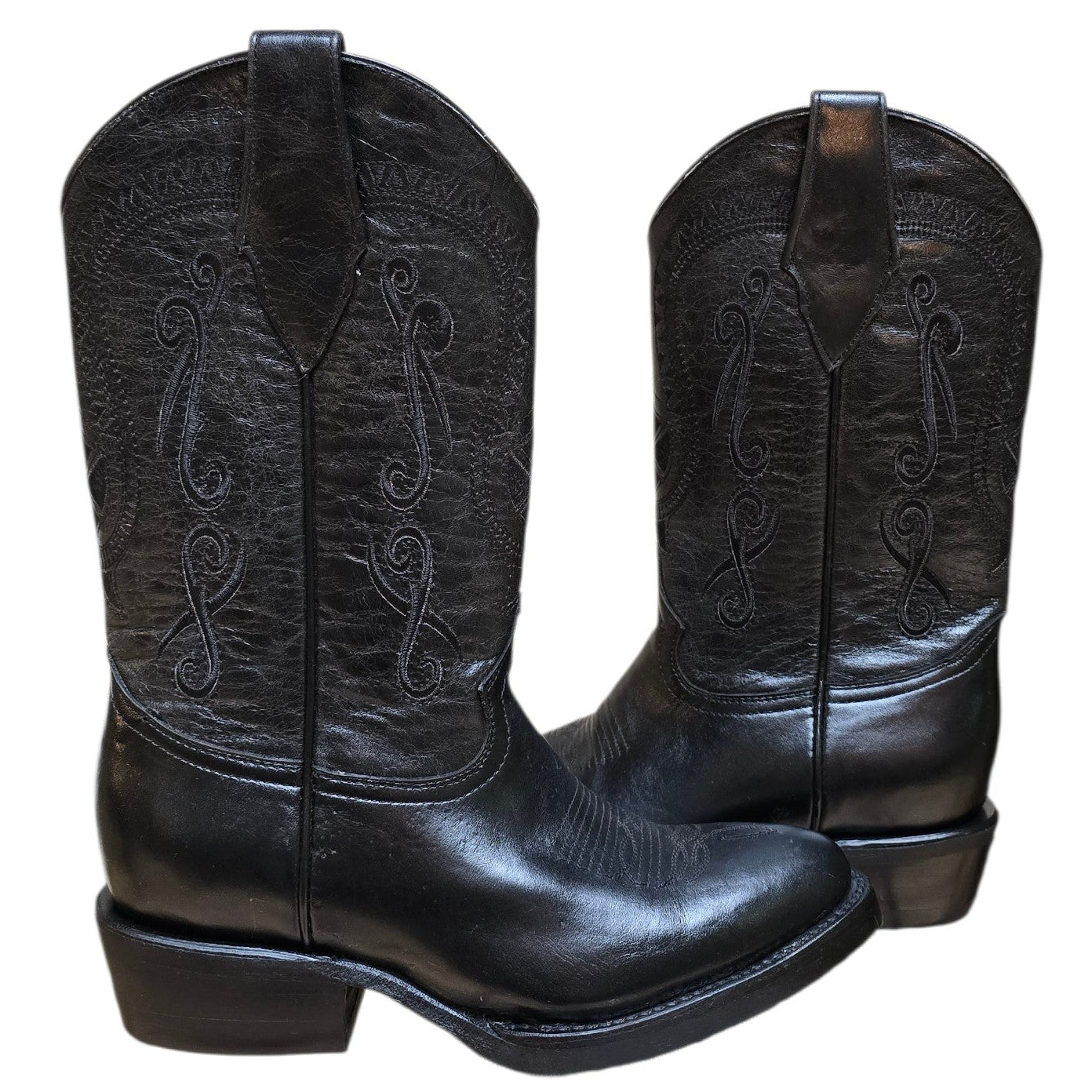 Cowboy Boots (0184) - 14" Black Leather w/ Black Embroidery & Round Toe