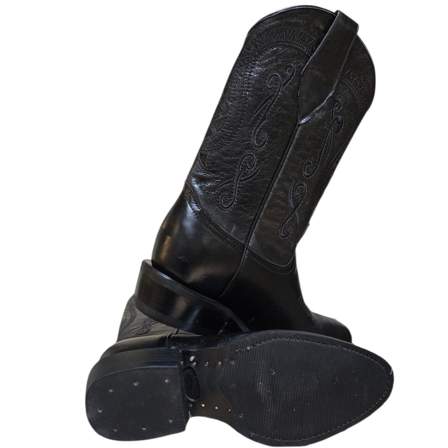 Cowboy Boots (0184) - 14" Black Leather w/ Black Embroidery & Round Toe