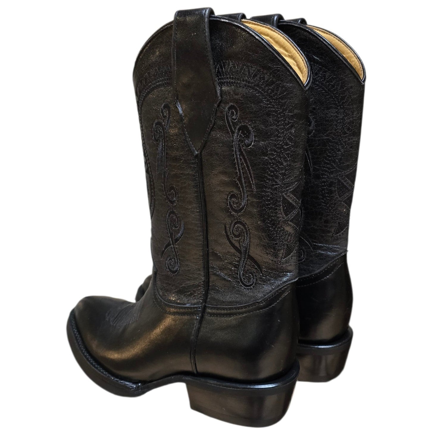 Cowboy Boots (0184) - 14" Black Leather w/ Black Embroidery & Round Toe