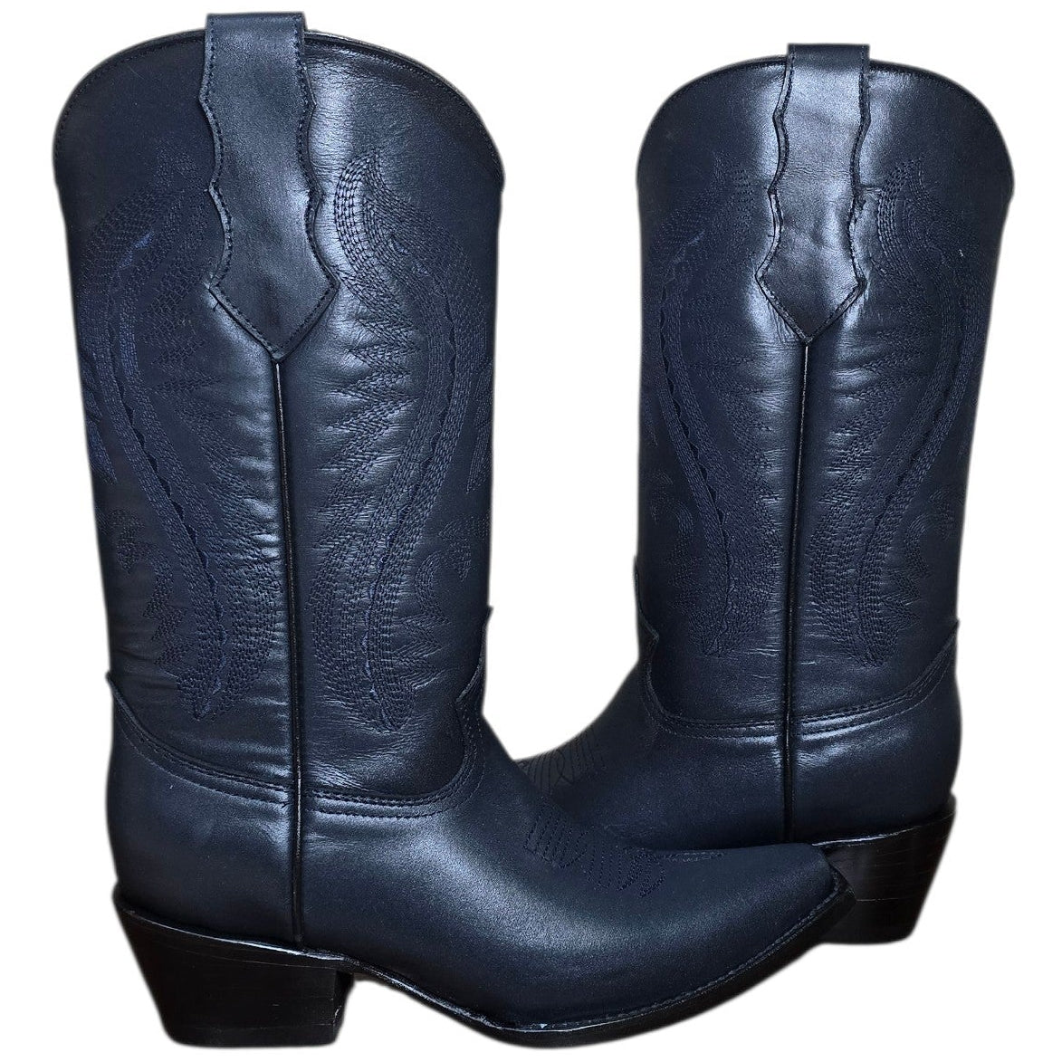 Cowboy Boots (0185) - 14" Navy Blue Leather w/ Snip Toe