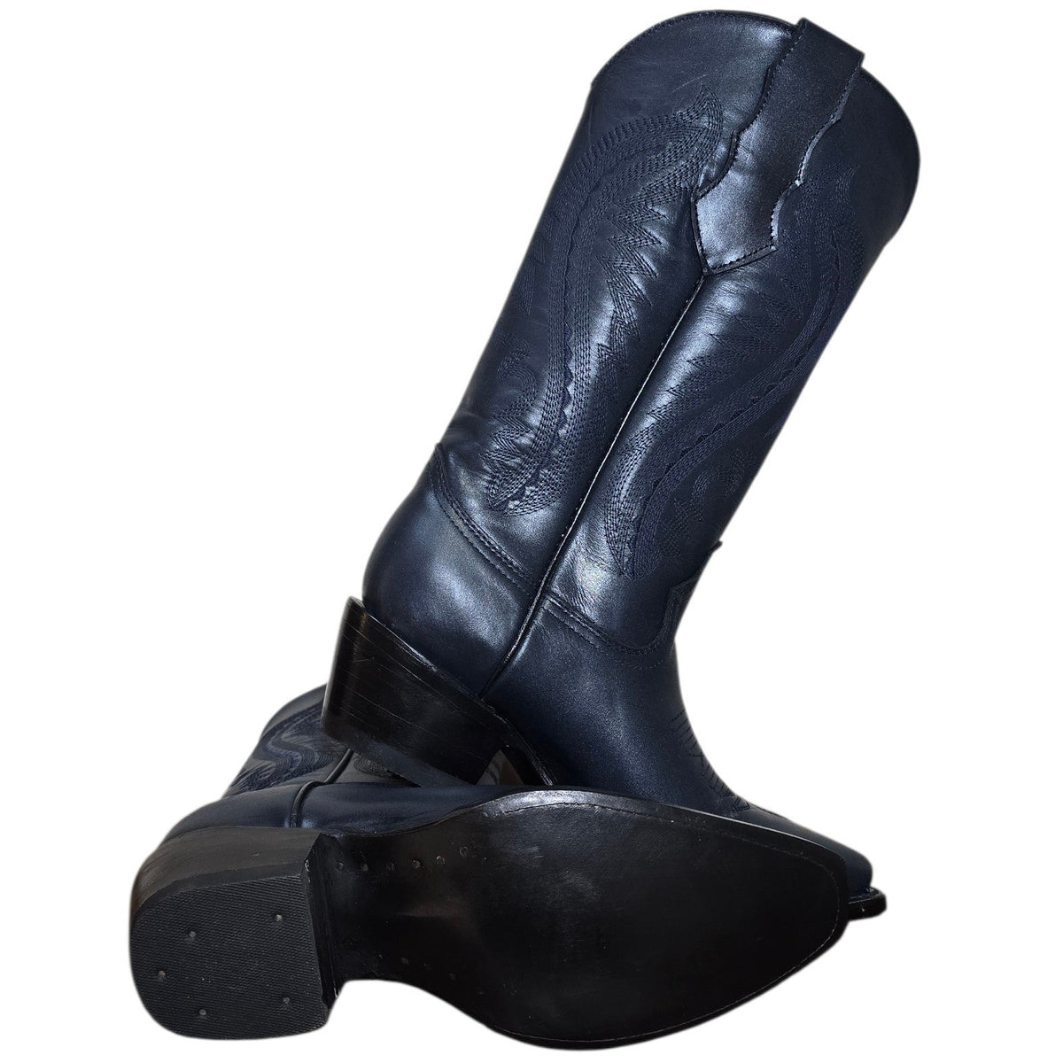 Cowboy Boots (0185) - 14" Navy Blue Leather w/ Snip Toe