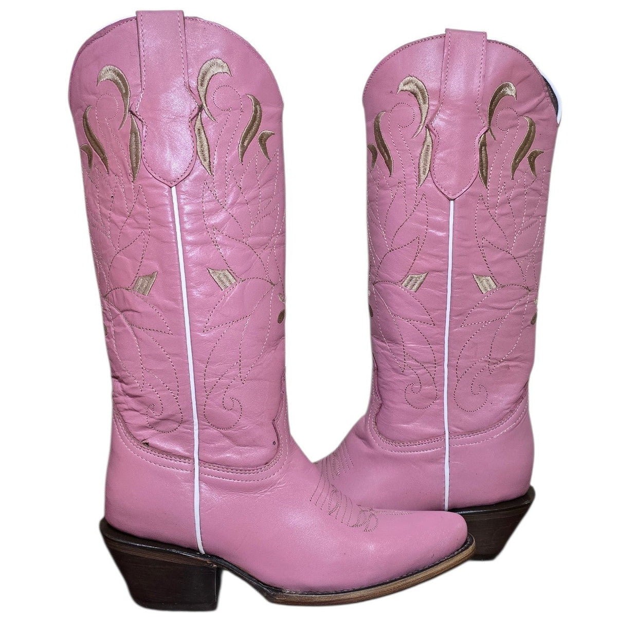 Cowboy Boots (0186) -15.5" Pink Leather w/ Gold Stitching Round Toe