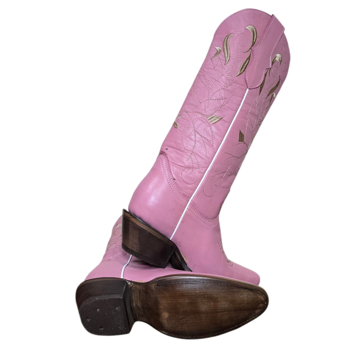 Cowboy Boots (0186) -15.5" Pink Leather w/ Gold Stitching Round Toe