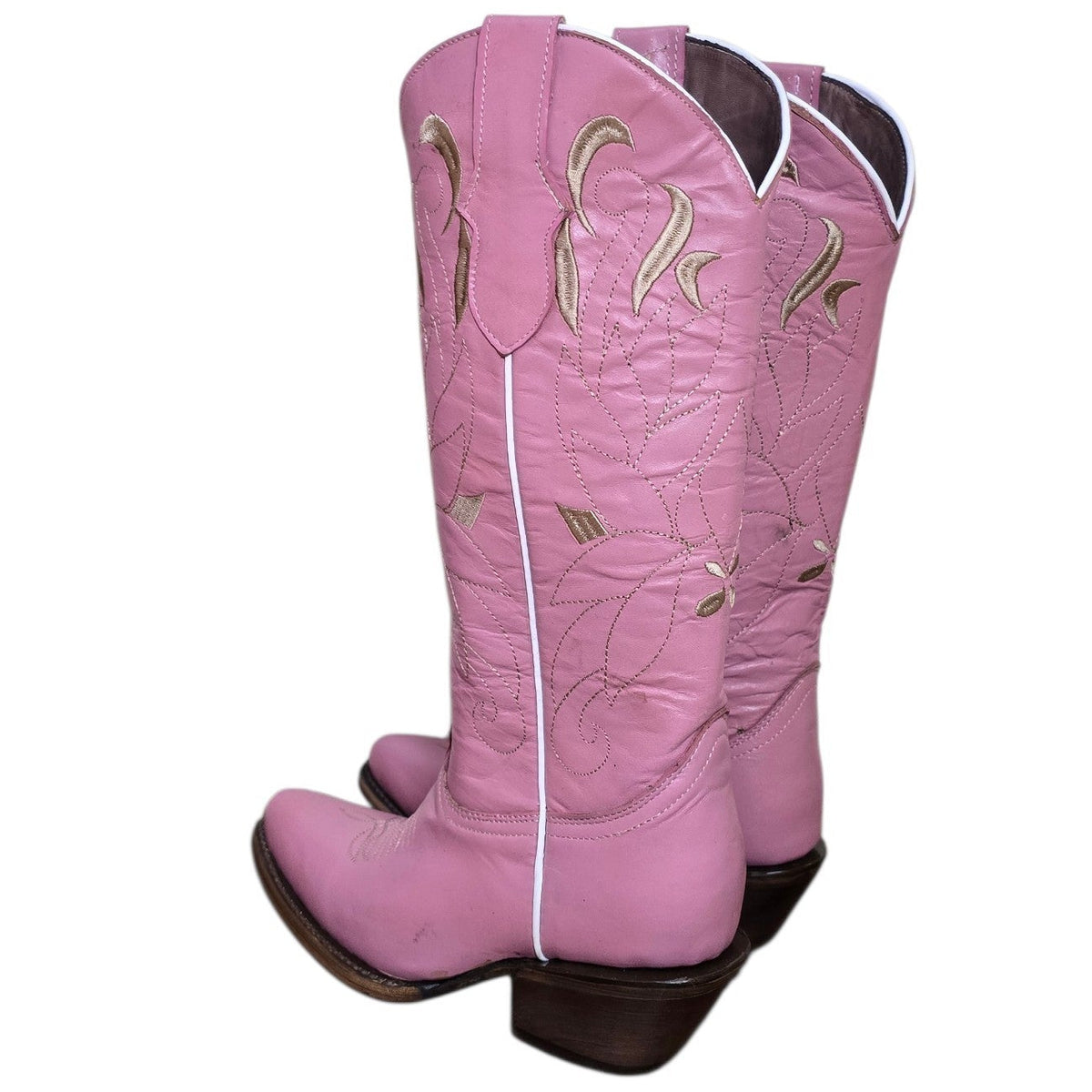Cowboy Boots (0186) -15.5" Pink Leather w/ Gold Stitching Round Toe