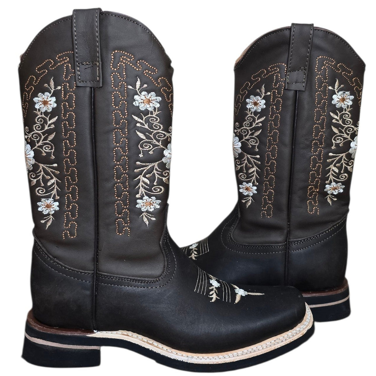 Cowboy Boots (0190) - 12.5" Dark Brown Leather w/ Floral Embroidery & Rodeo Toe