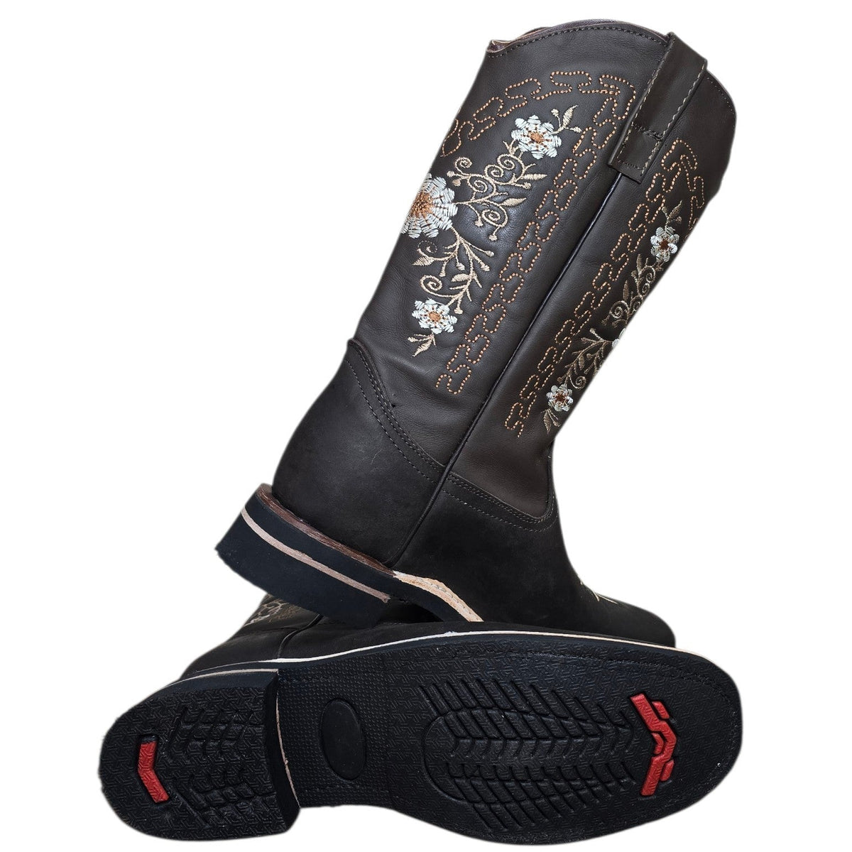 Cowboy Boots (0190) - 12.5" Dark Brown Leather w/ Floral Embroidery & Rodeo Toe