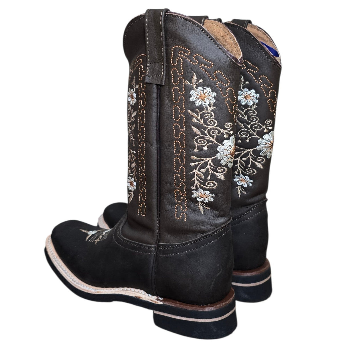 Cowboy Boots (0190) - 12.5" Dark Brown Leather w/ Floral Embroidery & Rodeo Toe