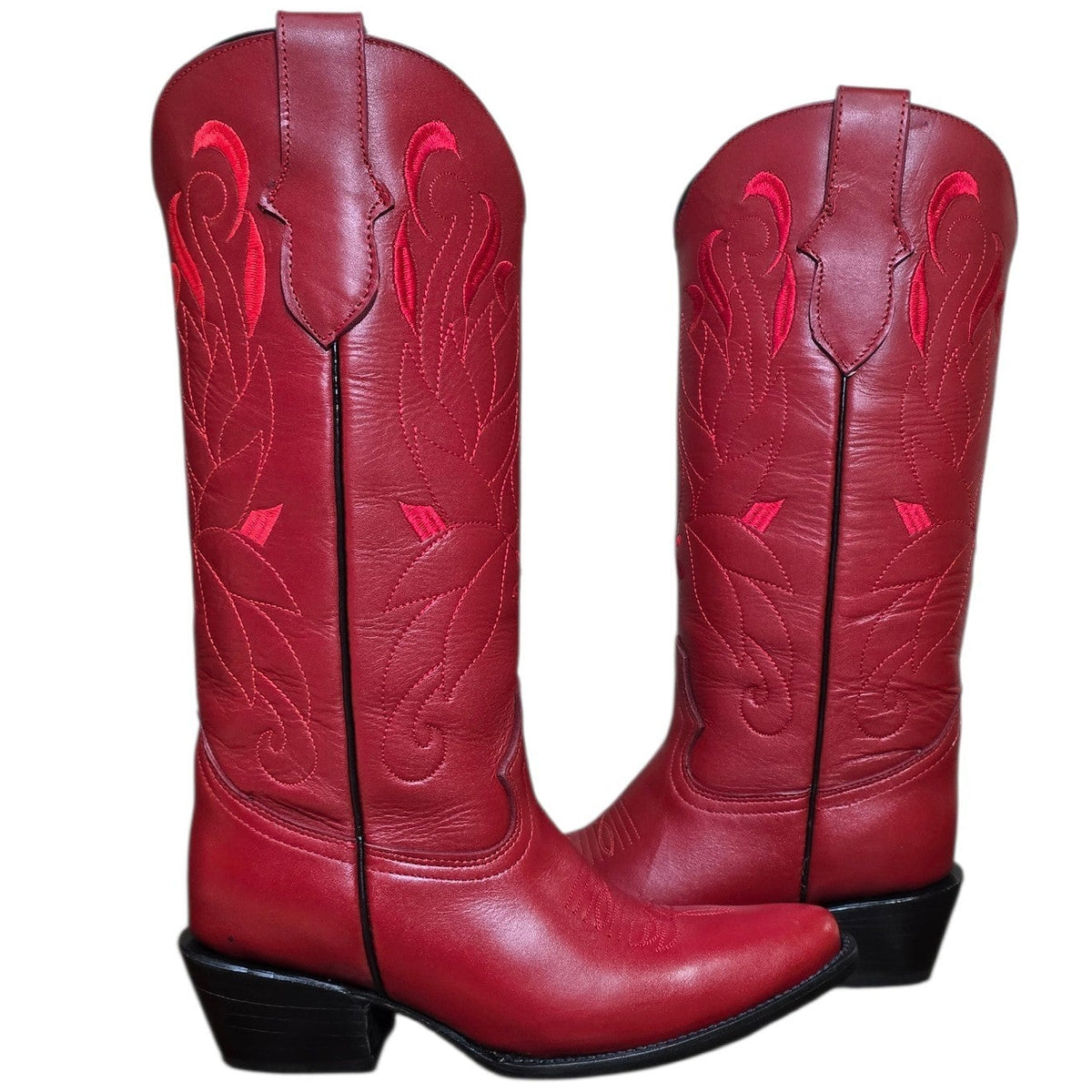 Cowboy Boots (0189) - 16" Red Leather w/ Red Embroidery & Round Toe