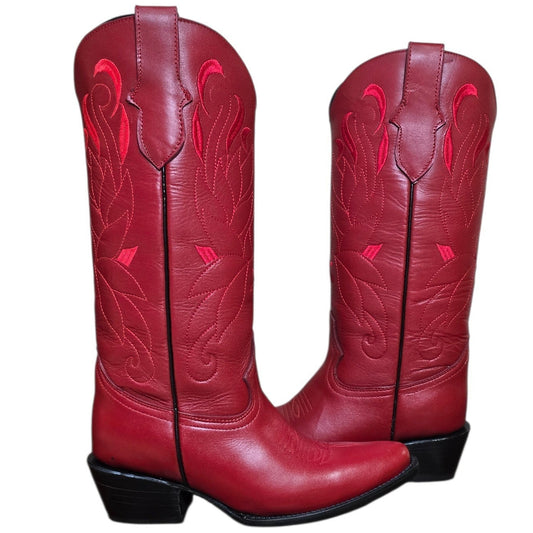 Cowboy Boots (0189) - 16" Red Leather w/ Red Embroidery & Round Toe