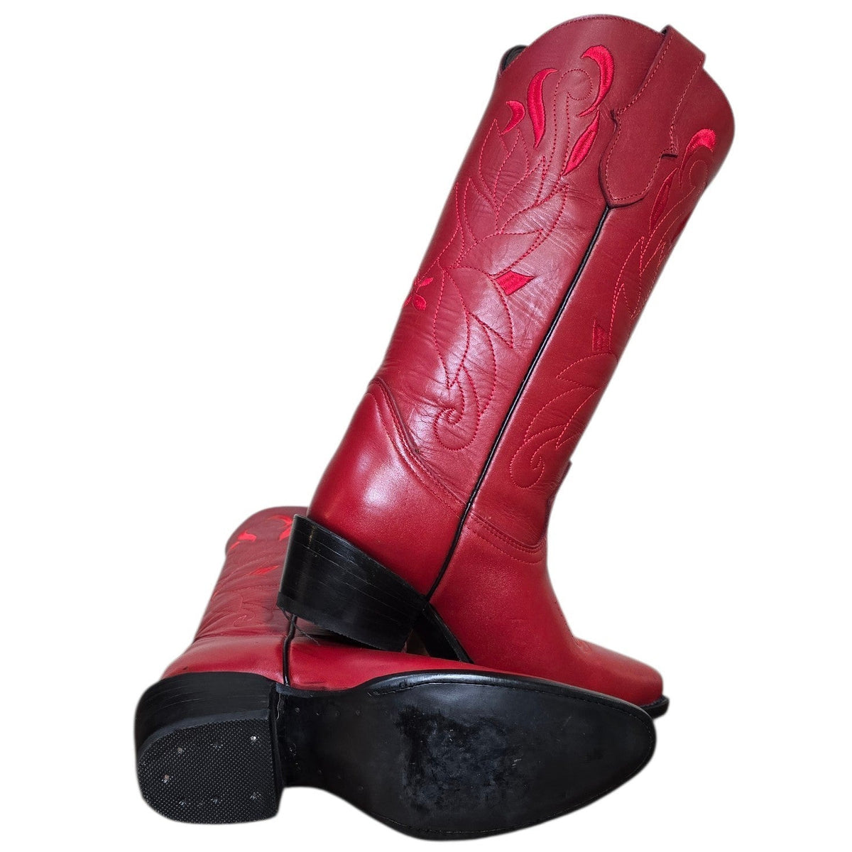 Cowboy Boots (0189) - 16" Red Leather w/ Red Embroidery & Round Toe