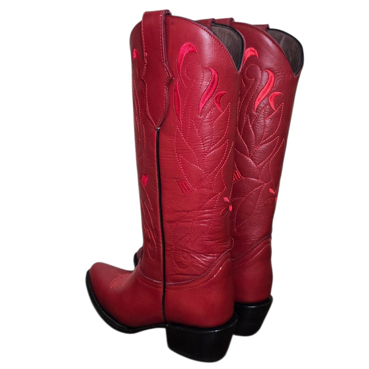 Cowboy Boots (0189) - 16" Red Leather w/ Red Embroidery & Round Toe