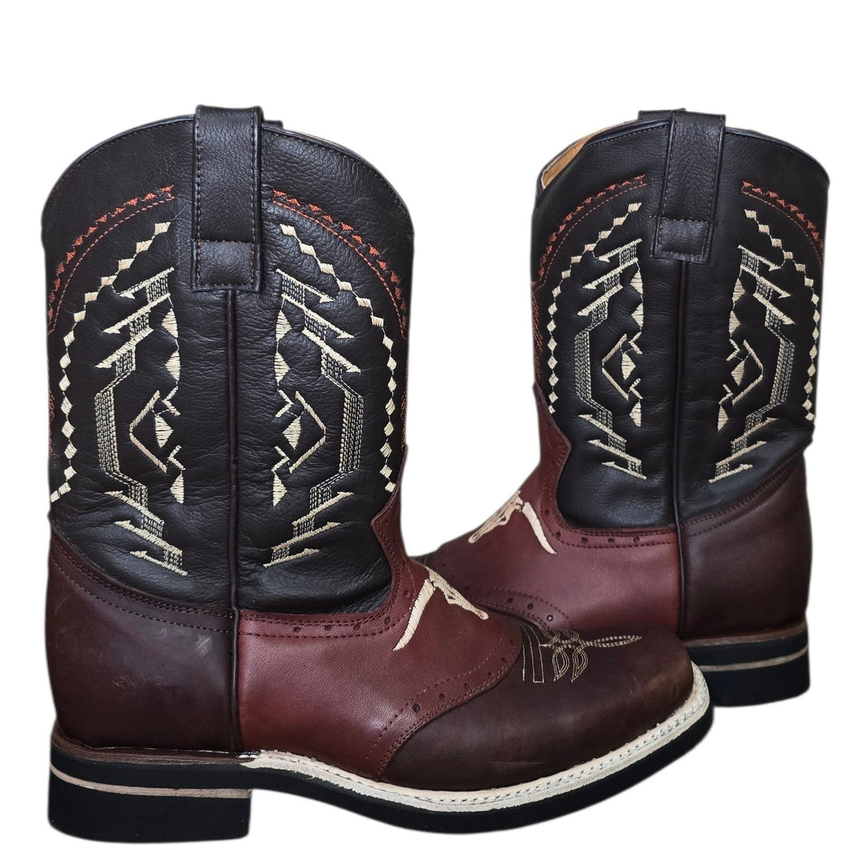 Cowboy Boots (0191) - 12" Rodeo Toe Layered Two-tone Leather w/ Longhorn Design