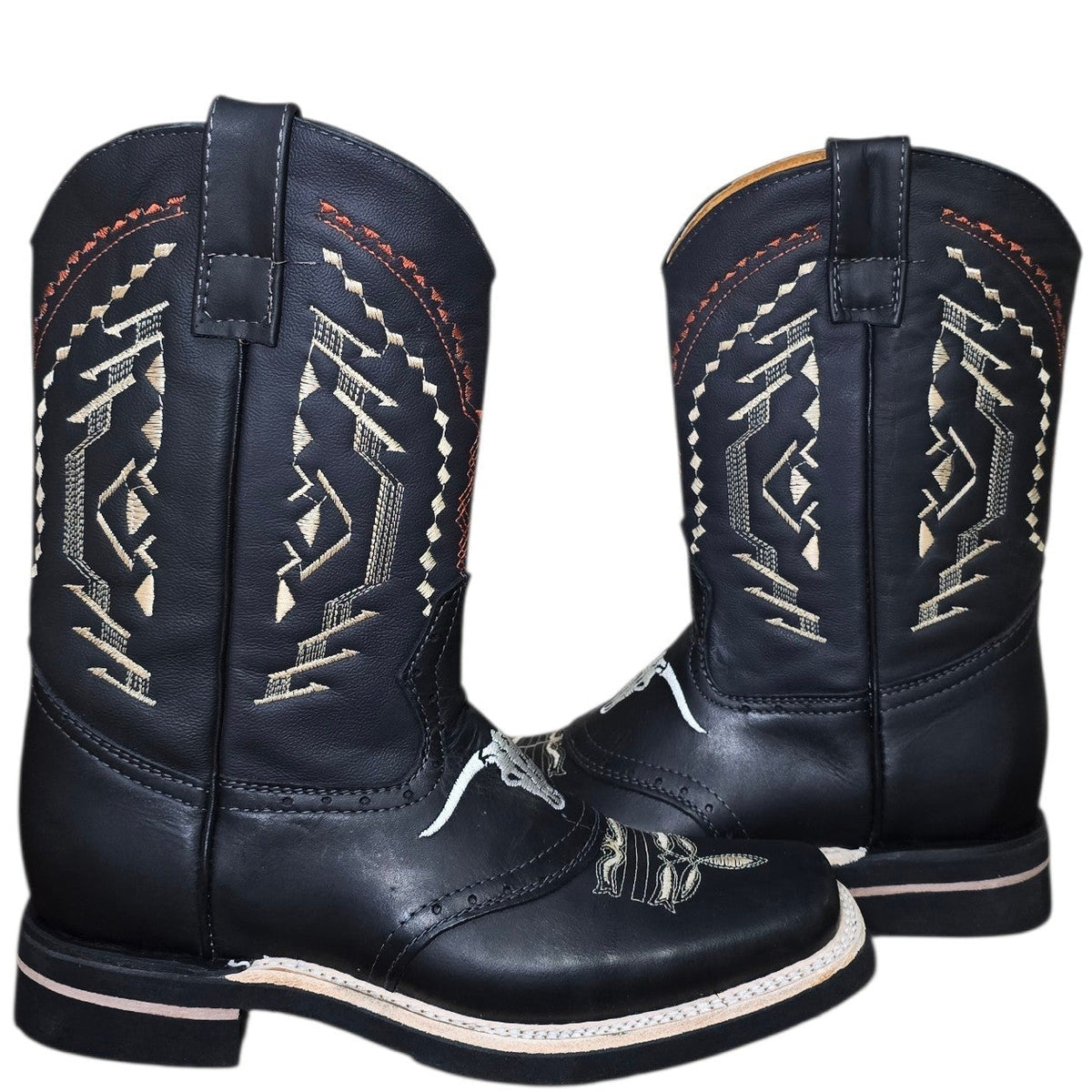 Cowboy Boots (0192) - 12" Rodeo Toe Layered Black Leather w/ Longhorn Design