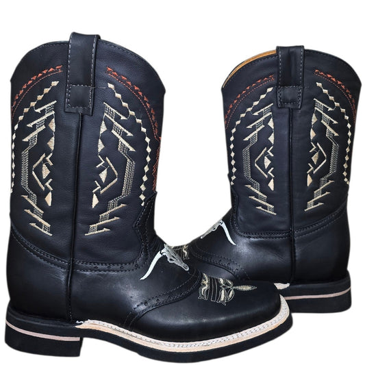 Cowboy Boots (0192) - 12" Rodeo Toe Layered Black Leather w/ Longhorn Design