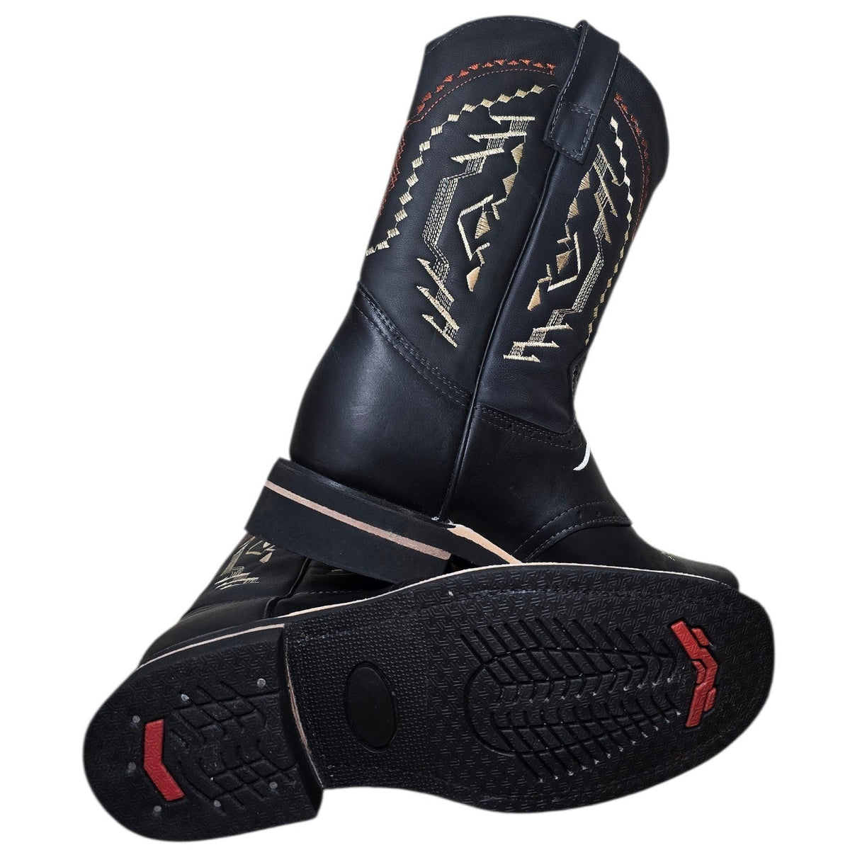 Cowboy Boots (0192) - 12" Rodeo Toe Layered Black Leather w/ Longhorn Design