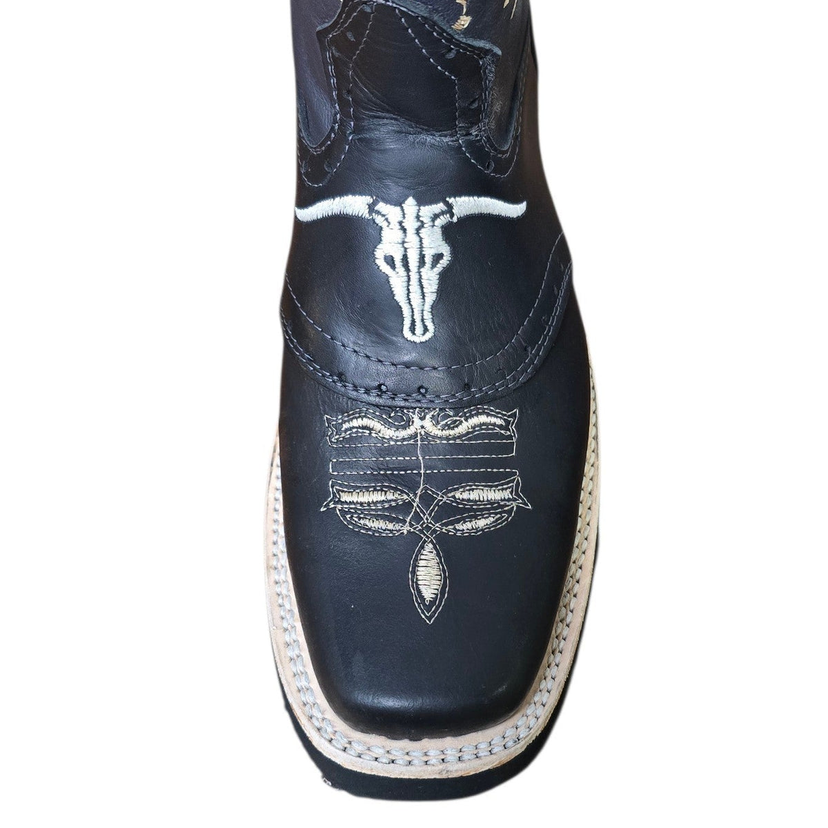 Cowboy Boots (0192) - 12" Rodeo Toe Layered Black Leather w/ Longhorn Design