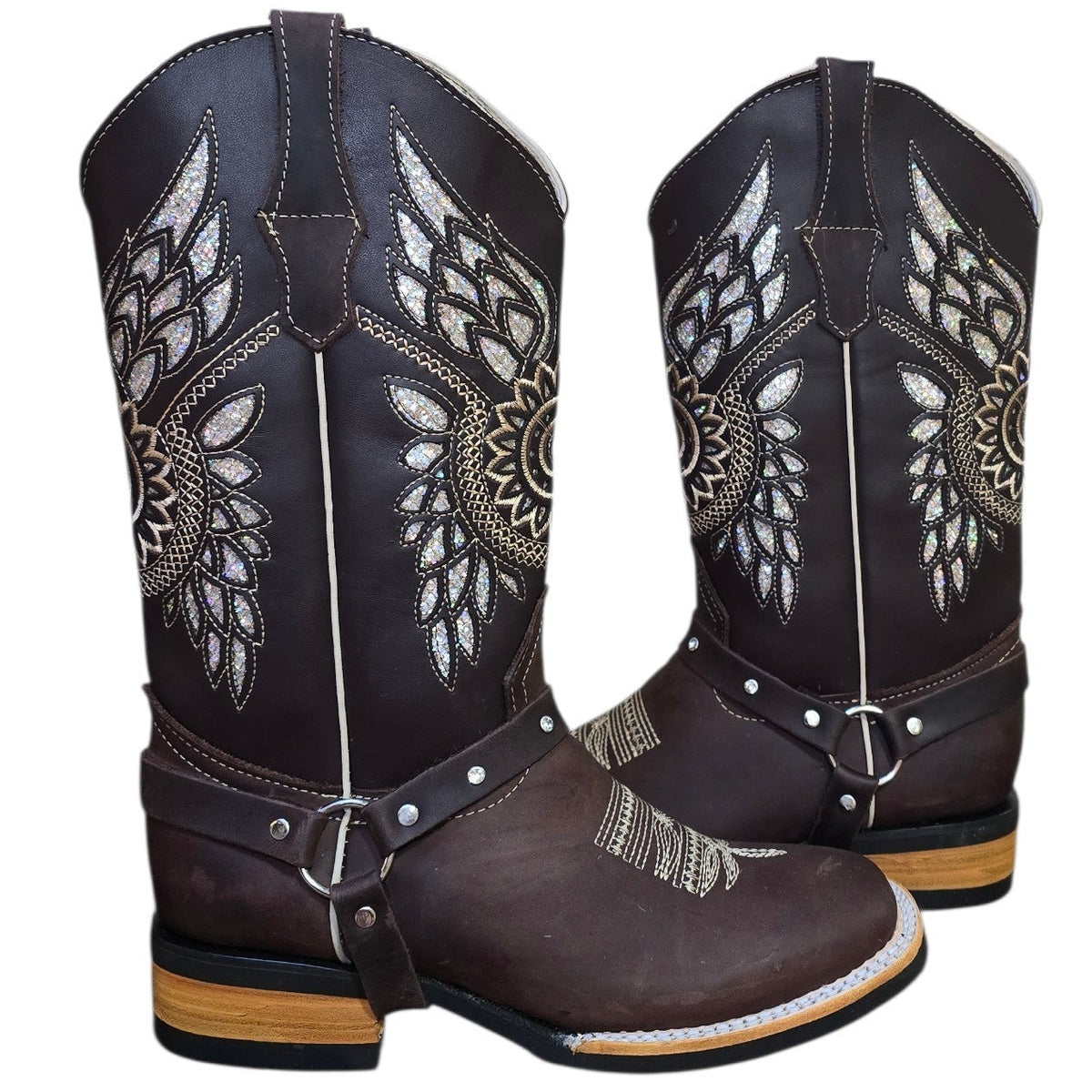 Cowboy Boots (0196) - 13" Dark Brown Leather w/ Geometric Stitching & Square Toe