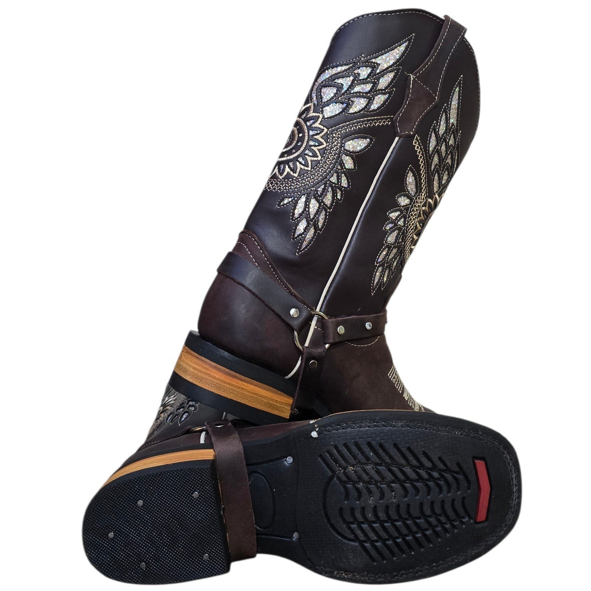 Cowboy Boots (0196) - 13" Dark Brown Leather w/ Geometric Stitching & Square Toe