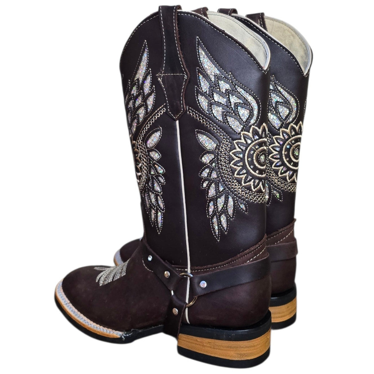 Cowboy Boots (0196) - 13" Dark Brown Leather w/ Geometric Stitching & Square Toe