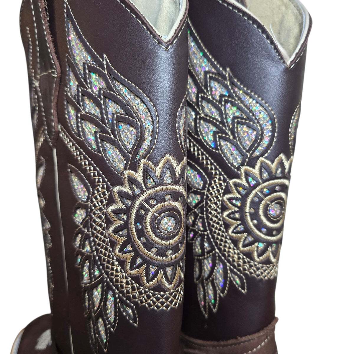 Cowboy Boots (0196) - 13" Dark Brown Leather w/ Geometric Stitching & Square Toe