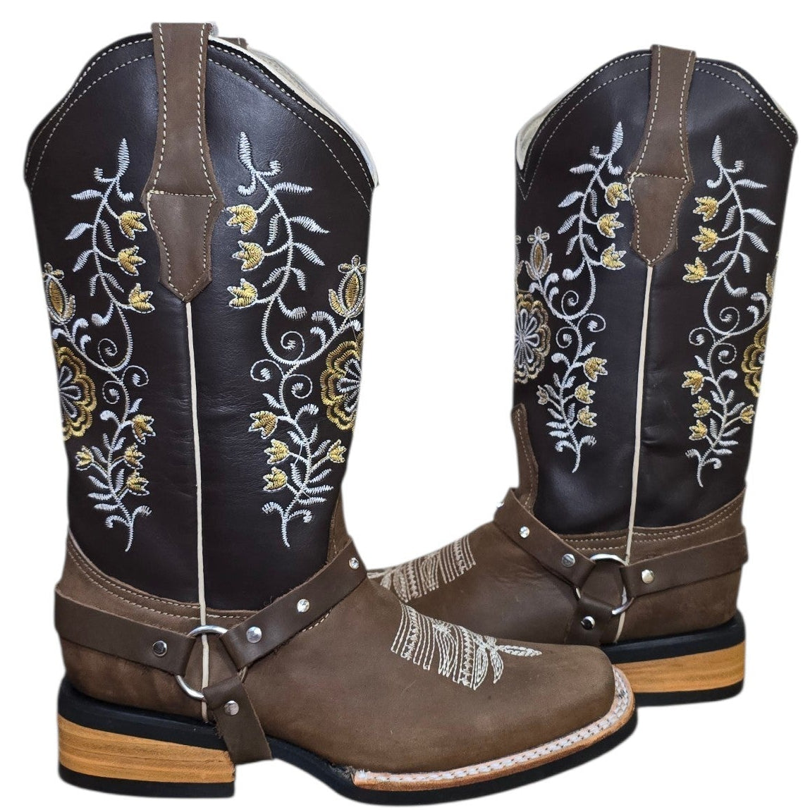 Cowboy Boots (0197)- 13" Brown & Dark Brown Leather w/ Floral Stitching & Rodeo Toe