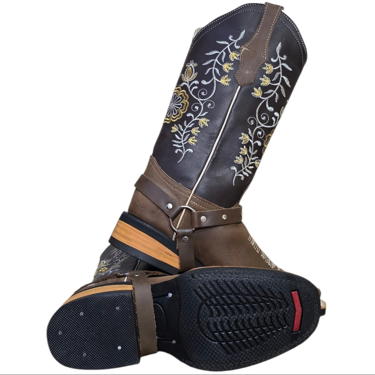 Cowboy Boots (0197)- 13" Brown & Dark Brown Leather w/ Floral Stitching & Rodeo Toe