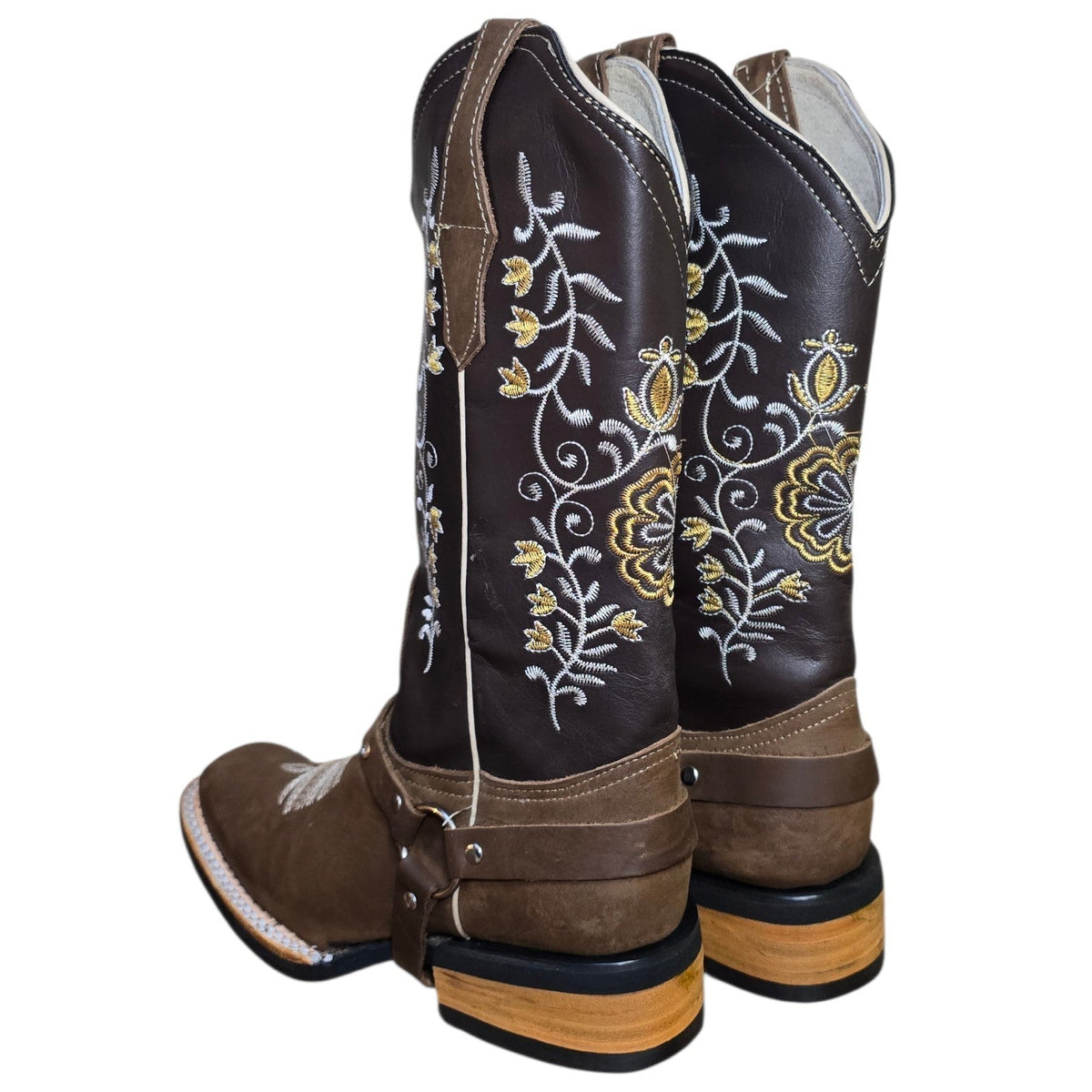 Cowboy Boots (0197)- 13" Brown & Dark Brown Leather w/ Floral Stitching & Rodeo Toe