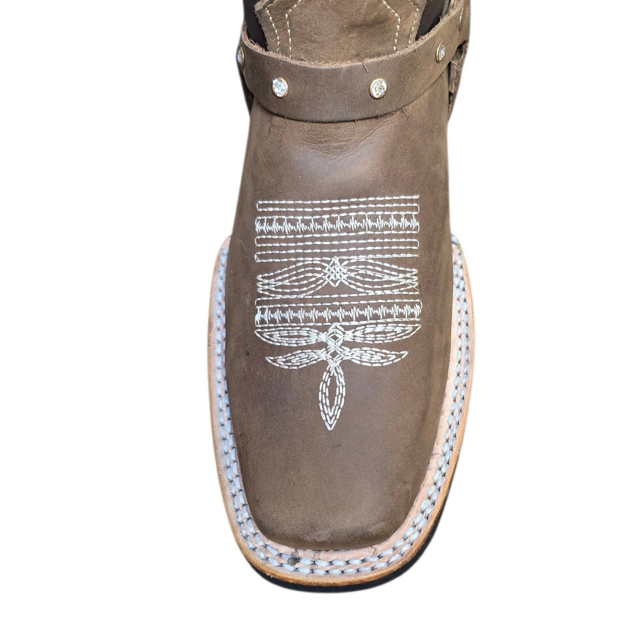Cowboy Boots (0197)- 13" Brown & Dark Brown Leather w/ Floral Stitching & Rodeo Toe