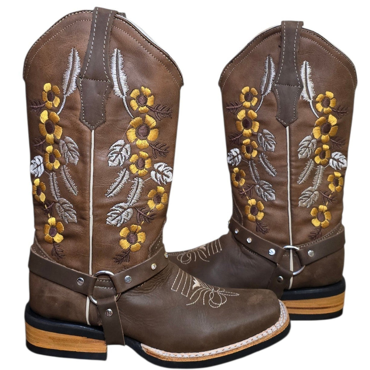 Cowboy Boots (0198)- 12.5" Brown Leather w/ Floral Stitching & Rodeo Toe