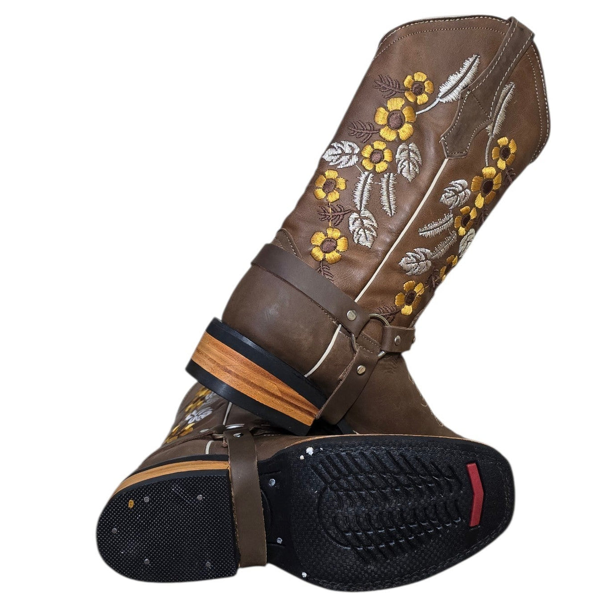 Cowboy Boots (0198)- 12.5" Brown Leather w/ Floral Stitching & Rodeo Toe