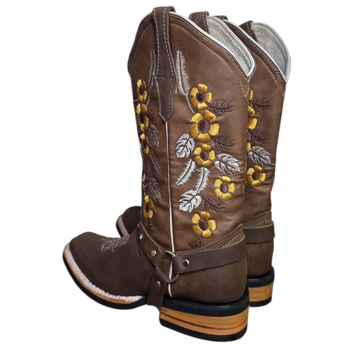 Cowboy Boots (0198)- 12.5" Brown Leather w/ Floral Stitching & Rodeo Toe
