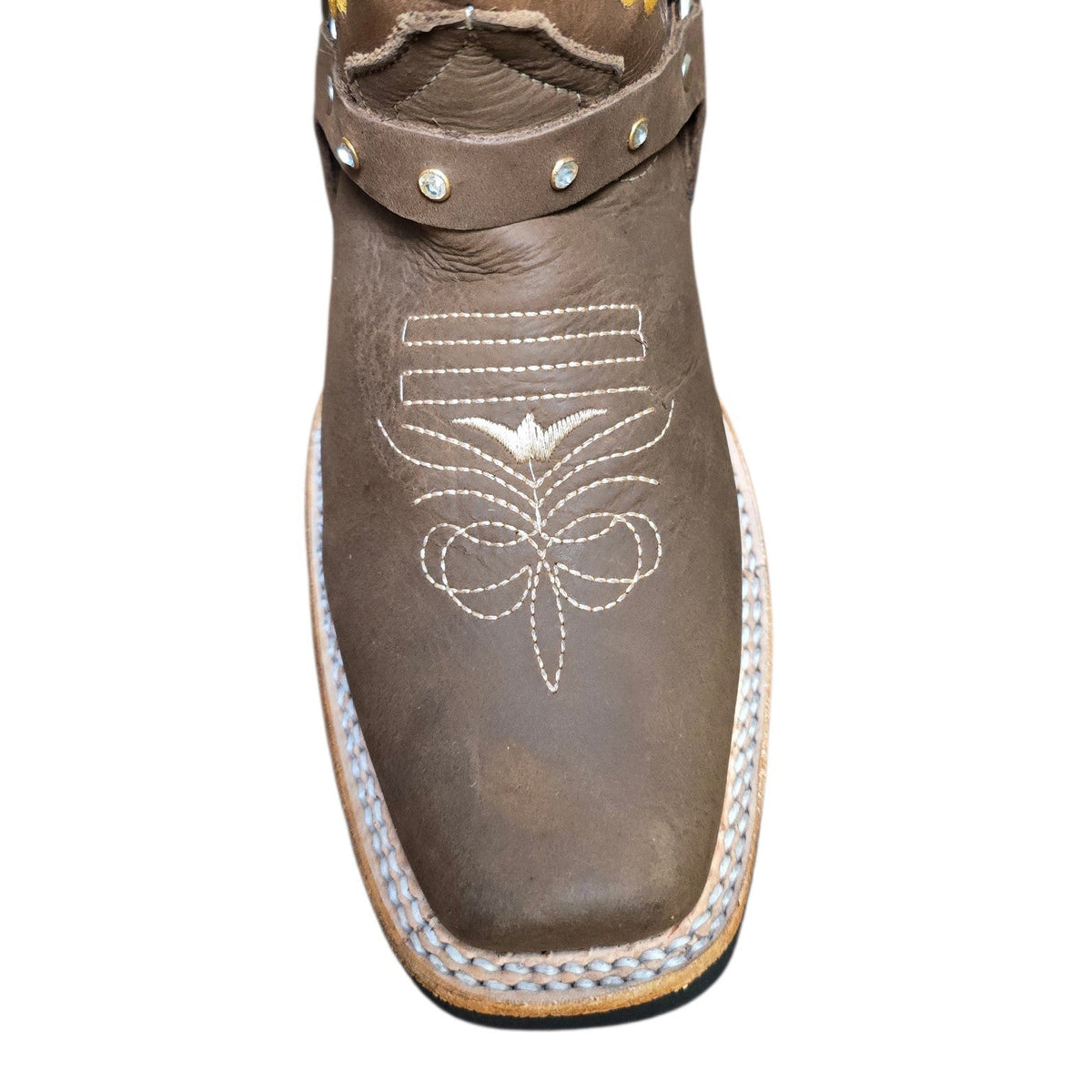 Cowboy Boots (0198)- 12.5" Brown Leather w/ Floral Stitching & Rodeo Toe
