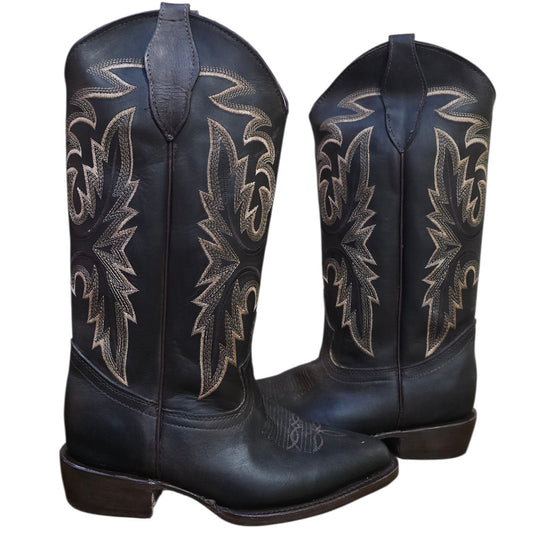 Cowboy Boots (0193) - 15" Dark Brown Leather w/ Western Stitching & Round Toe (Tall)