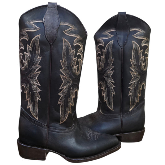 Cowboy Boots (0194) - 14" Dark Brown Leather w/ Western Stitching & Round Toe