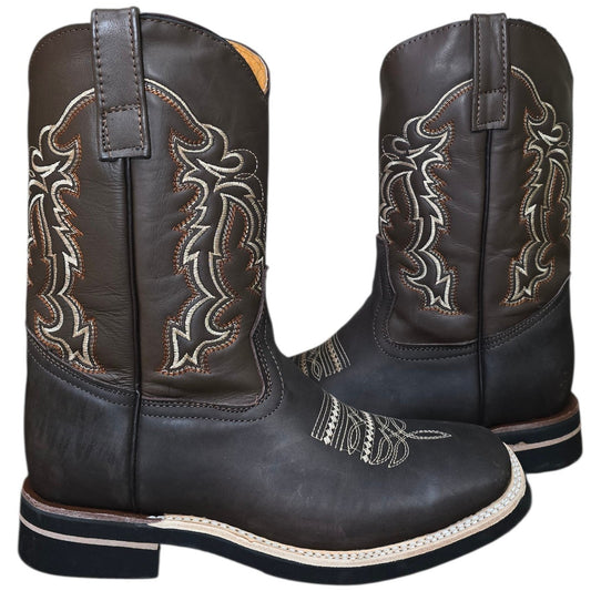 Cowboy Boots (0200) - 12" Dark Brown Leather w/ Tribal Stitching & Square Toe